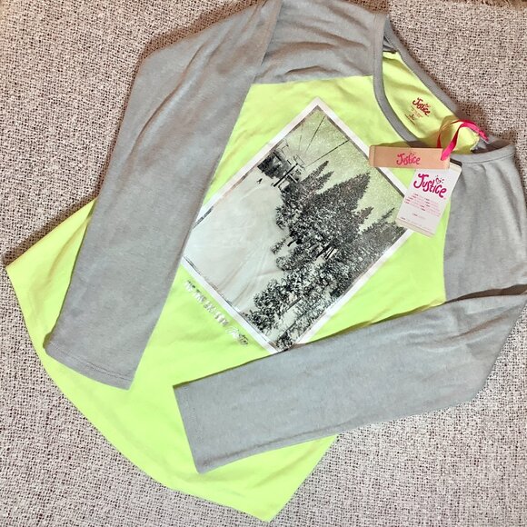 Girls Justice Tee Winter Scene Green Gray Large 12/14 NWT - Picture 2 of 12
